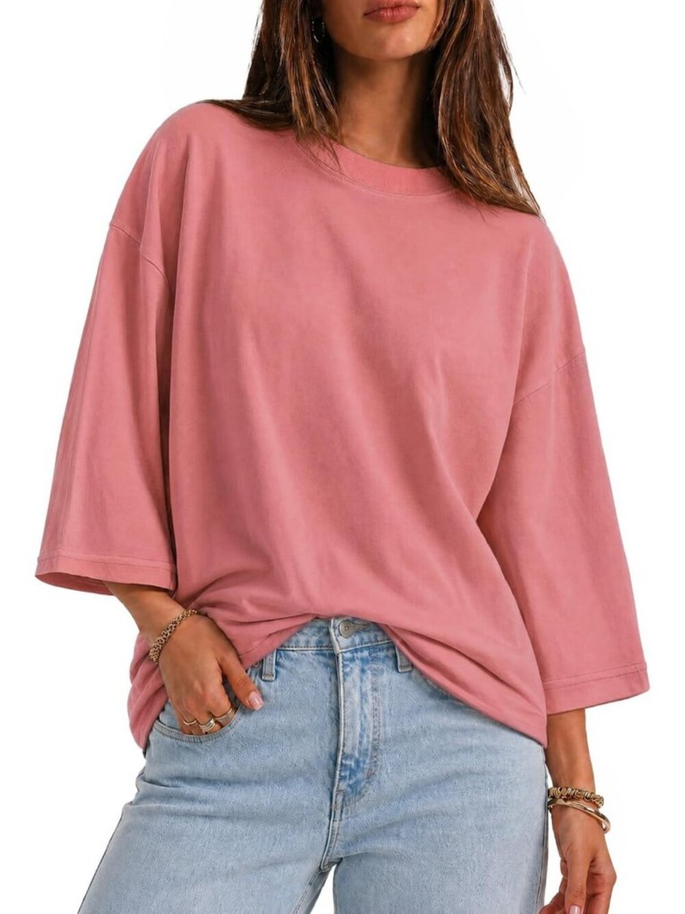 Casual Women's Oversized 3/4 Sleeve T-Shirt - Loose Fit Summer Boxy Top